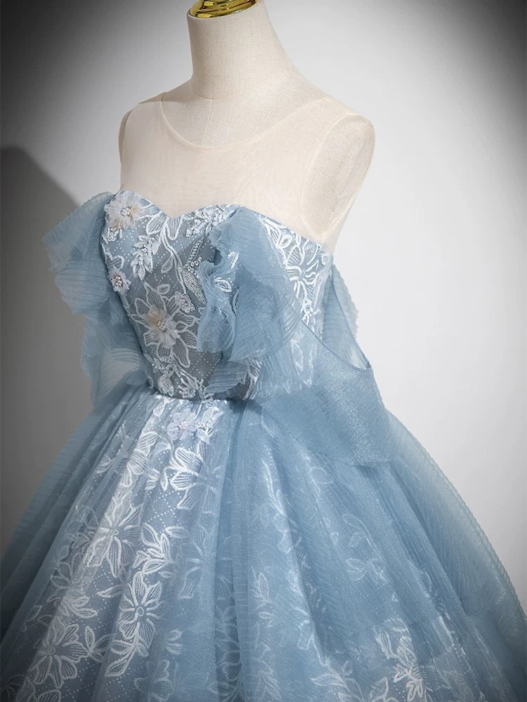 A-Line Sweetheart Neck Tulle Lace Gray Blue Long Prom Dress, Gray Blue Evening Dress US 8 / Custom Color A-Line Sweetheart Neck Tulle Lace Gray Blue Long Prom Dress, Gray Blue Evening Dress US 8 / Custom Color