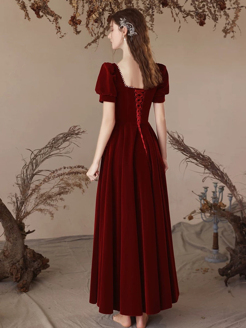 long sleeve long burgundy dress A-Line Velvet Burgundy Long Prom Dress, Burgundy Long Formal Dress – shopluu