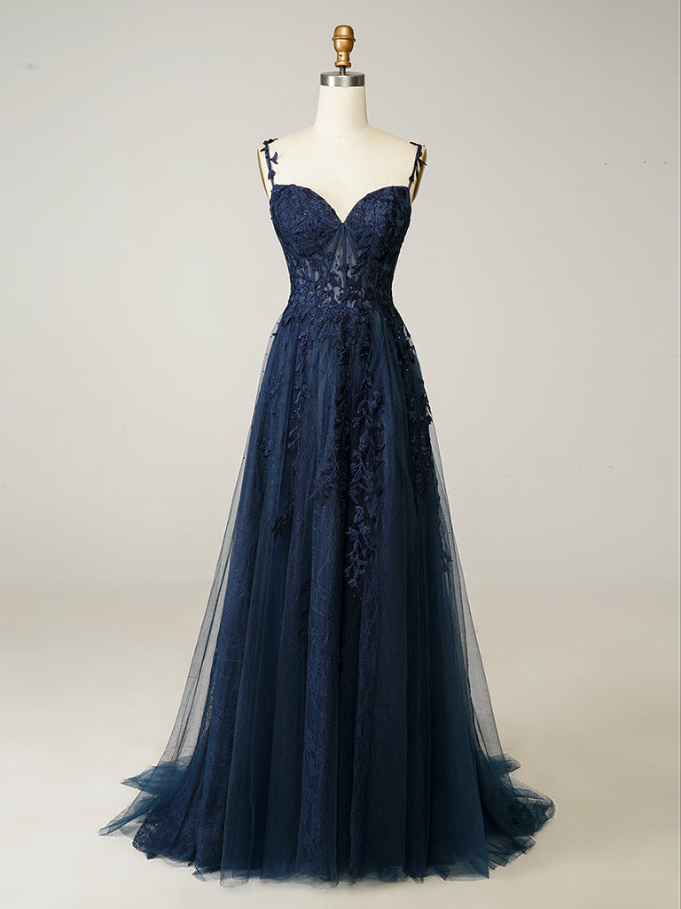 A-Line Sweetheart Neck Tulle Lace Dark Blue Long Prom Dress, Dark Blue Long Formal Dress