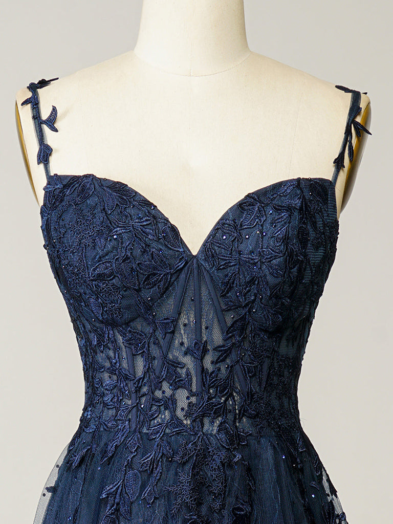 A-Line Sweetheart Neck Tulle Lace Dark Blue Long Prom Dress, Dark Blue Long Formal Dress Custom Size / Dark Blue A-Line Sweetheart Neck Tulle Lace Dark Blue Long Prom Dress, Dark Blue Long Formal Dress Custom Size / Dark Blue