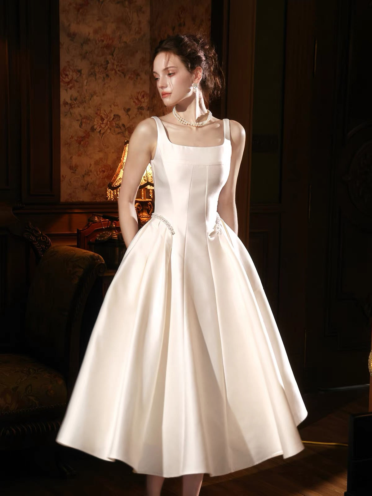 A-line Square Neck Tea Length White Prom Dress with Beads