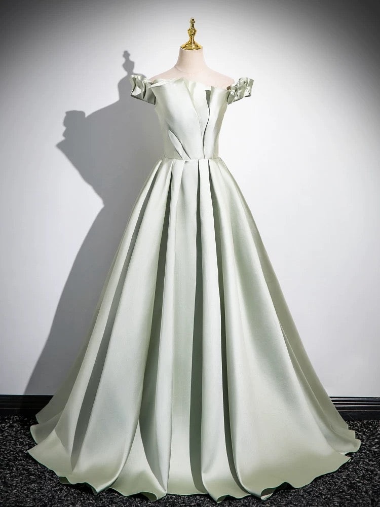 A-Line Off Shoulder Satin Light Green Long Prom Dress, Green Long Form shopluu A-Line Off Shoulder Satin Light Green Long Prom Dress, Green Long Form shopluu