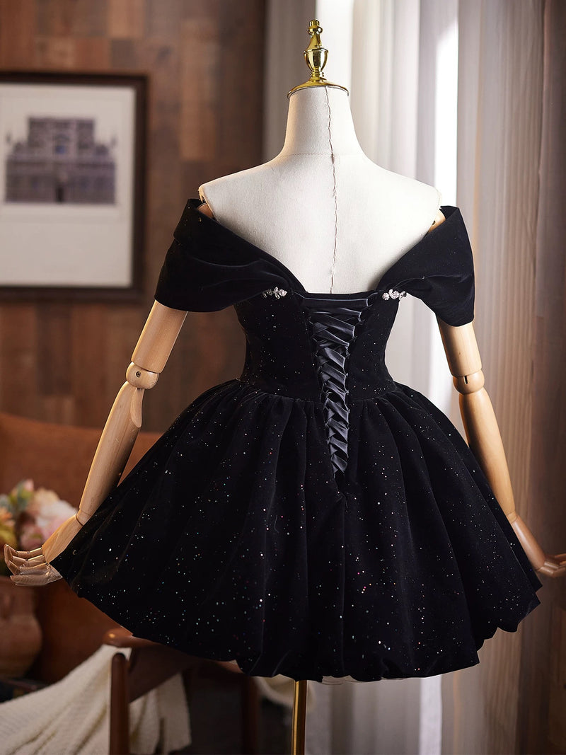 A-Line Off Shoulder Mini Black Short Prom Dress, Black Homecoming Dress US 10 / Black