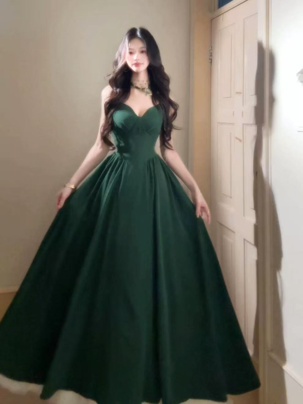 Simple A-line V Neck Floor Length Green Prom Dress, Green Party Dress
