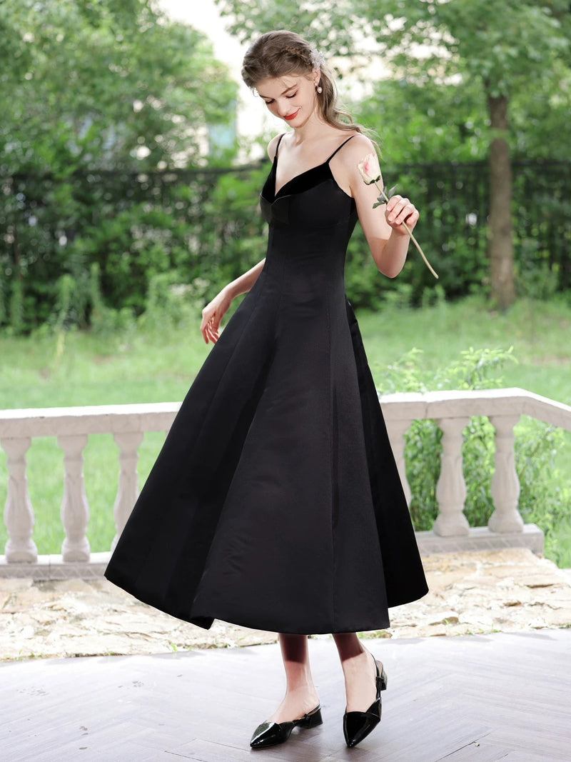 Simple V Neck Satin Tea Length Black Prom Dress, Black Formal Dress shopluu Simple V Neck Satin Tea Length Black Prom Dress, Black Formal Dress shopluu