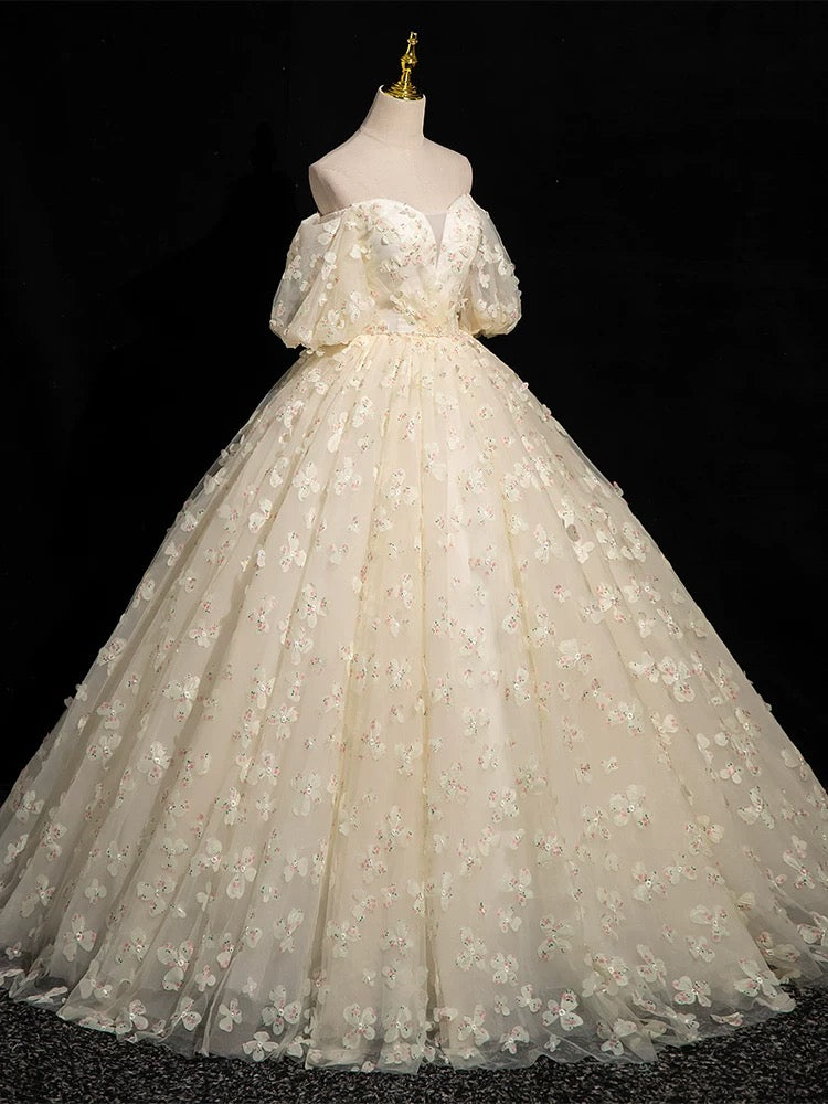A-Line Puff sleeves Tulle Lace Champagne Long Prom Dress, Champagne Fo shopluu A-Line Puff sleeves Tulle Lace Champagne Long Prom Dress, Champagne Fo shopluu