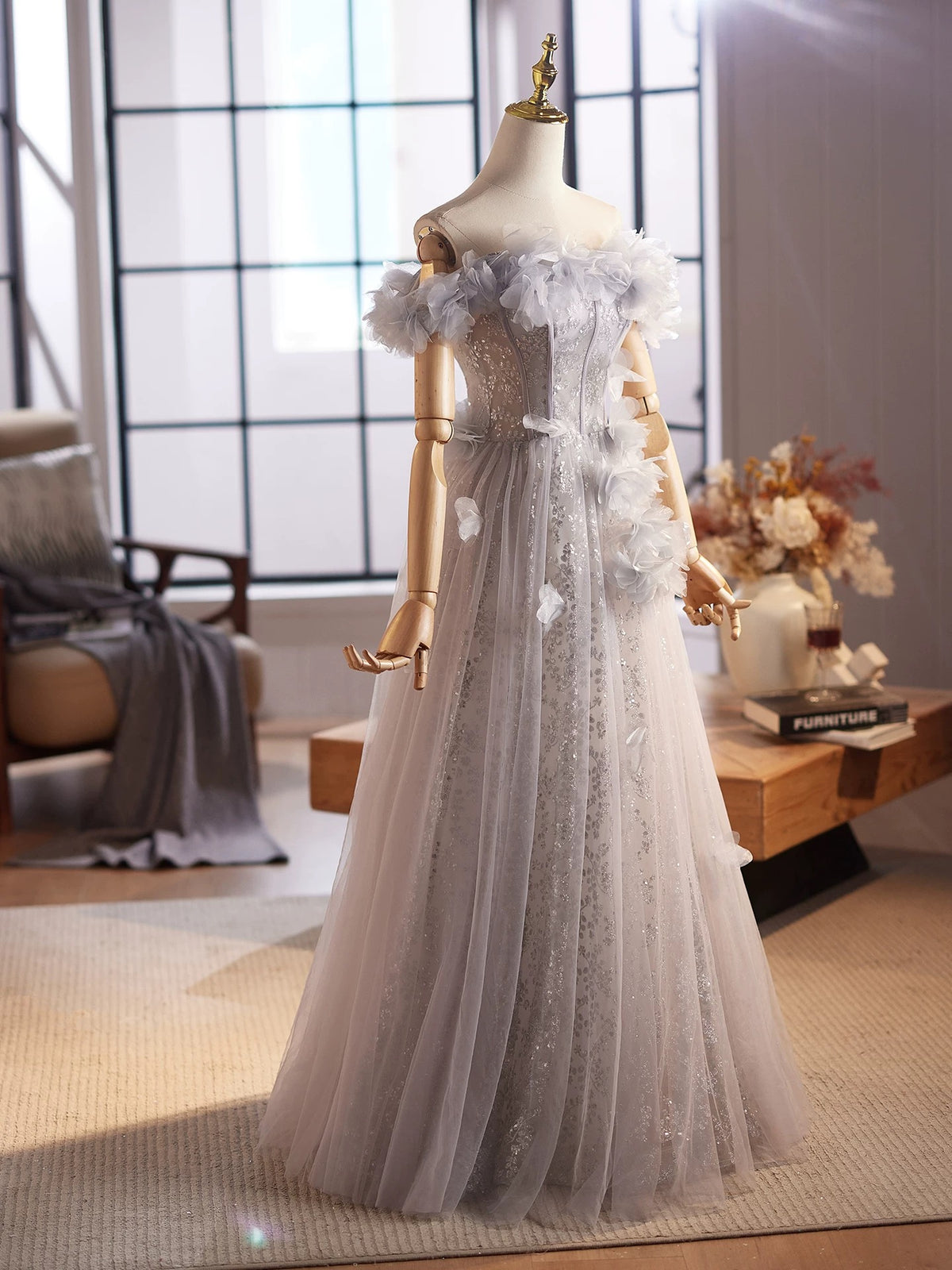 A-Line Off Shoulder Tulle Flower Applique Gray Long Prom Dress