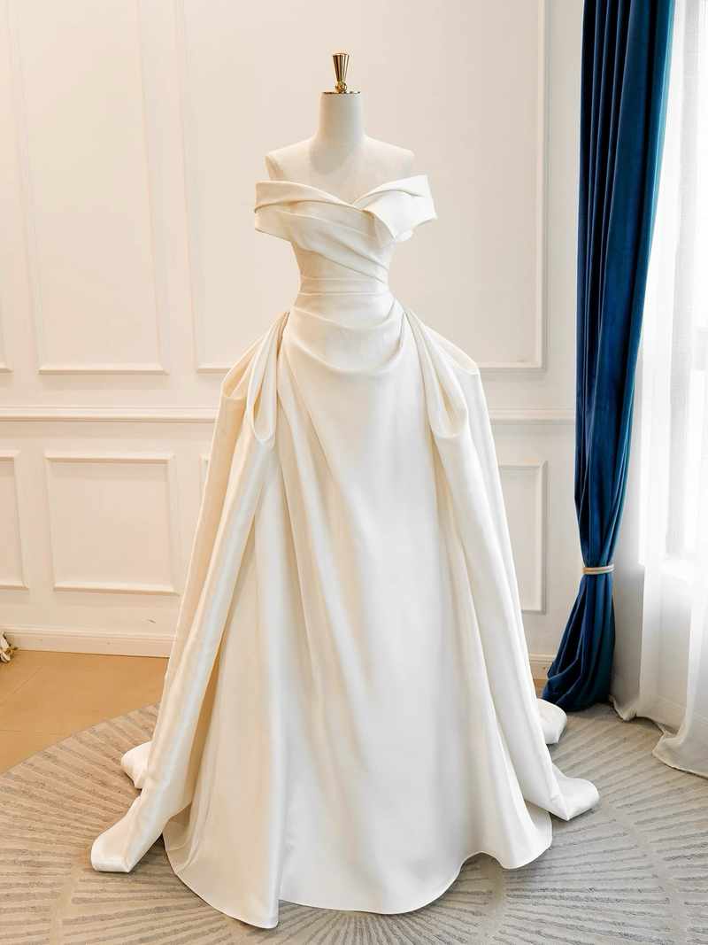 A-Line Off Shoulder Satin Light Champagne Long Prom Dress, Light Champ shopluu A-Line Off Shoulder Satin Light Champagne Long Prom Dress, Light Champ shopluu