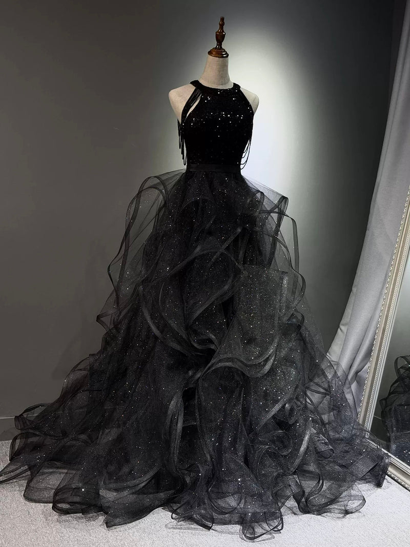 sparkly black prom dress Black Halter Sequin Prom Dress, Sparkly Ruffled Tulle Ball Gown US 2 / Black