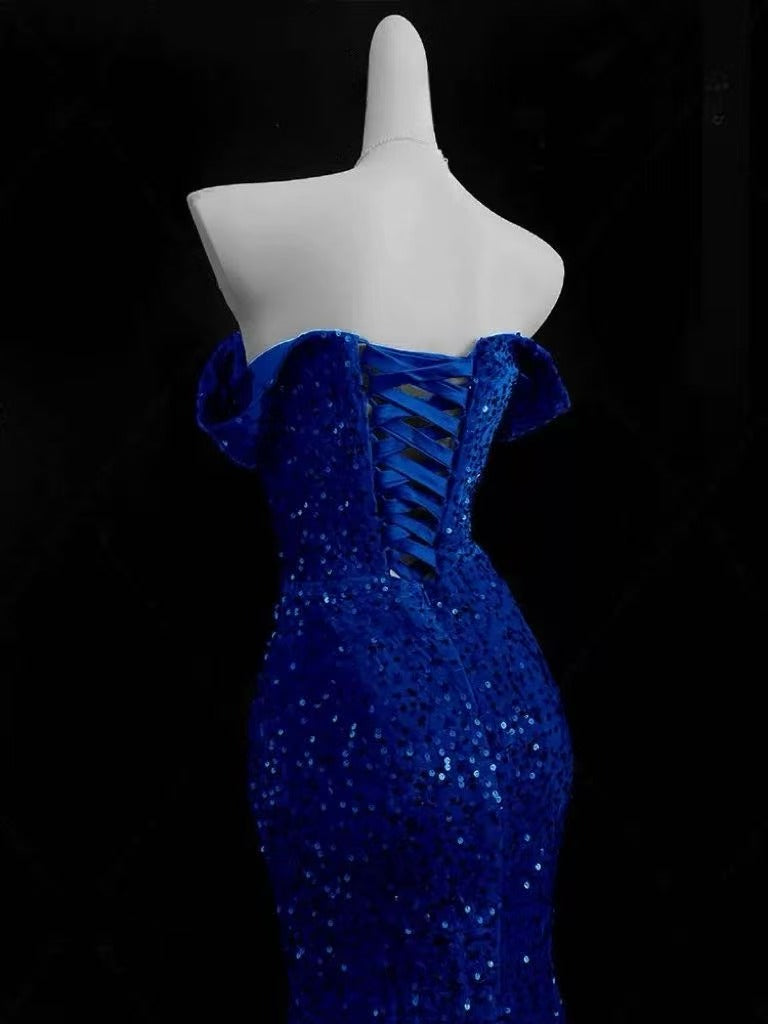 Simple Mermaid Velvet Sequin Blue Long Prom Dress, Blue Formal Dress