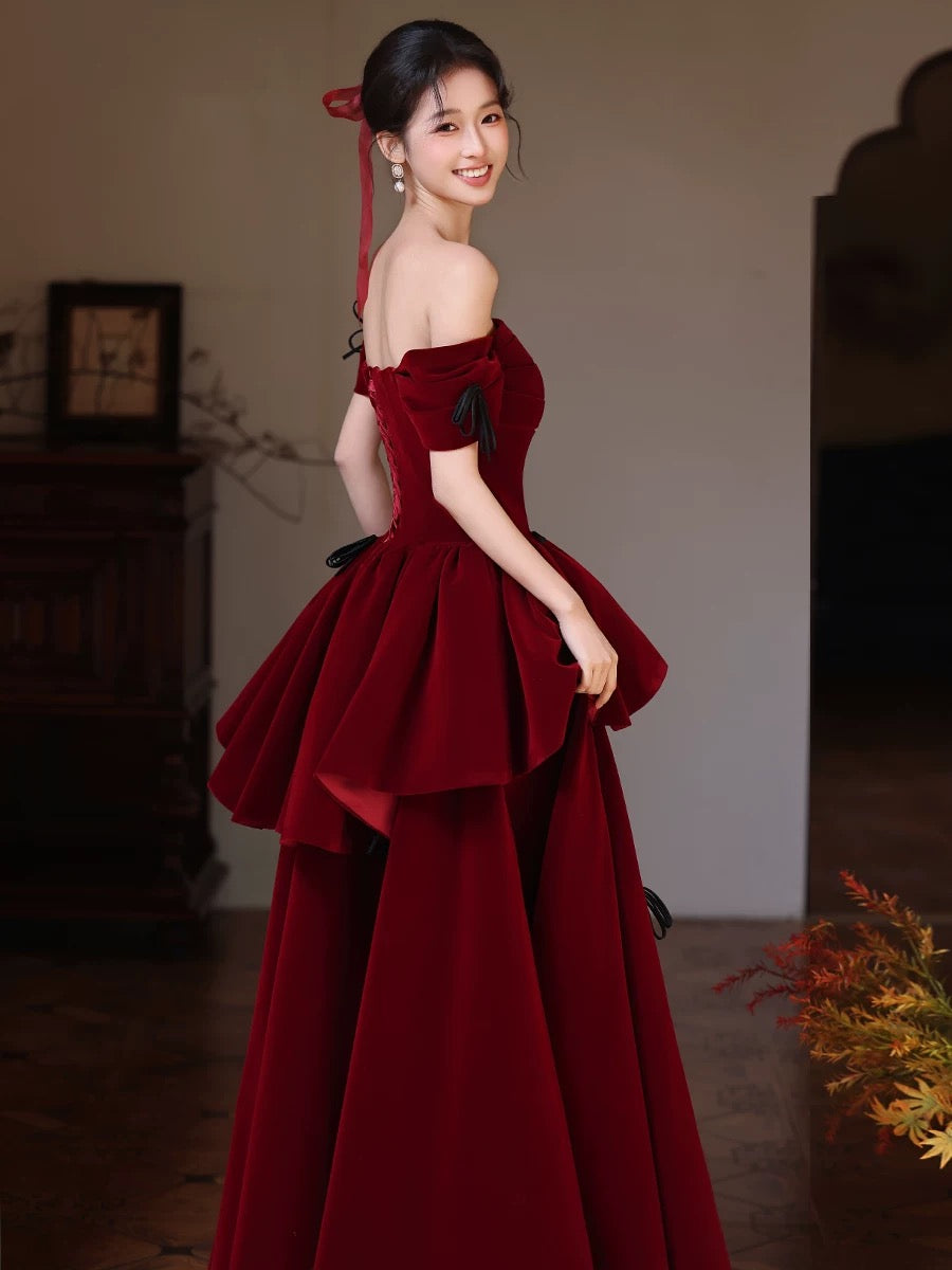 Off Shoulder A-Line Velvet Floor Length Burgundy Prom Dress