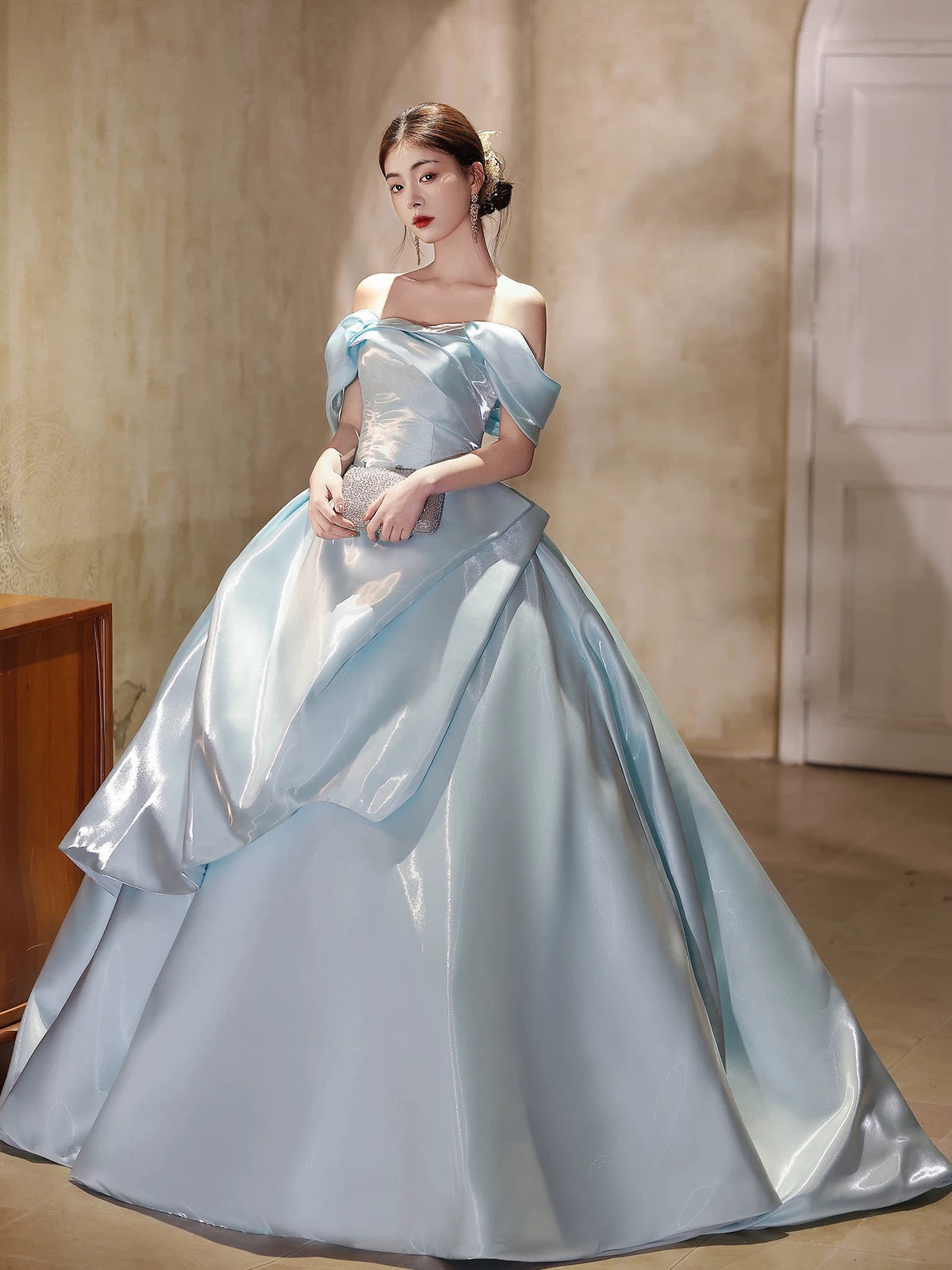 Ball Gown A-line Satin Sweep Train Blue Long Prom Dress