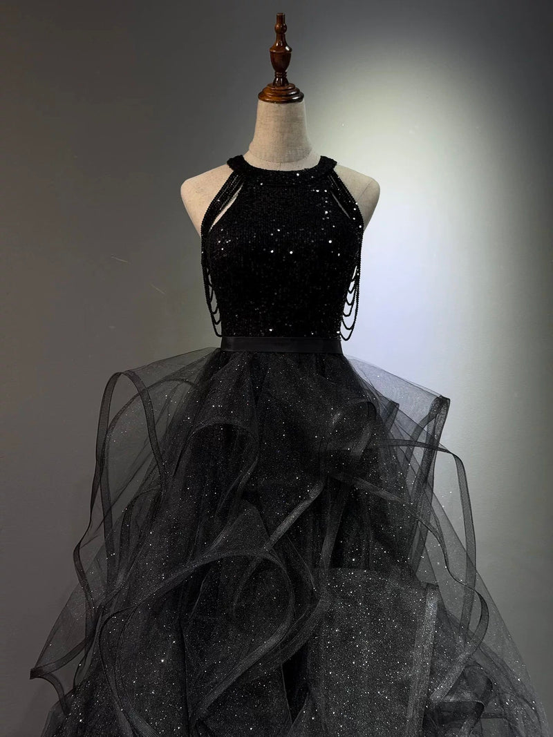 Black Halter Sequin Prom Dress, Sparkly Ruffled Tulle Ball Gown US 2 / Black Black Halter Sequin Prom Dress, Sparkly Ruffled Tulle Ball Gown US 2 / Black