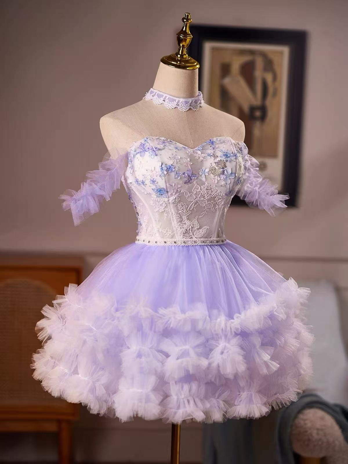 Purple Off Shoulder Tulle Lace Short Prom Dress, Purple Homecoming Dress