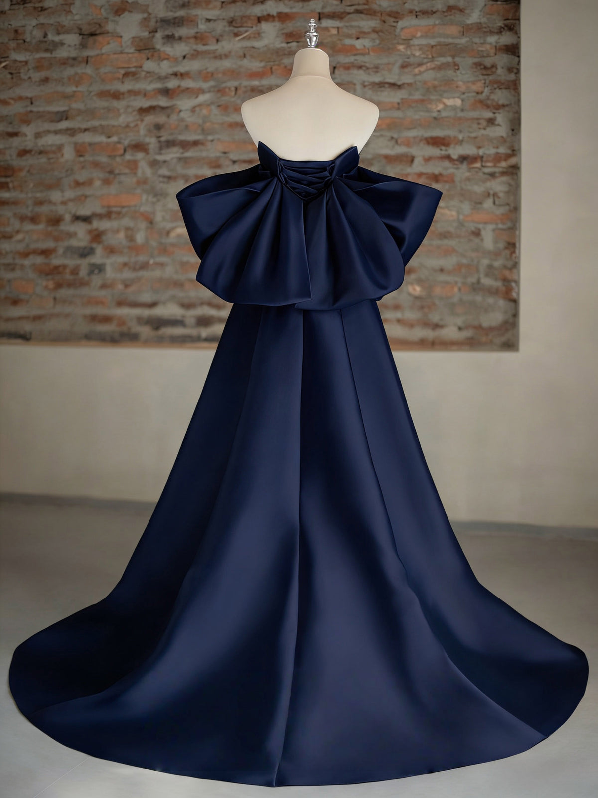 A-Line Sweetheart Sweep Train Satin Blue Prom Dress with Bowtie