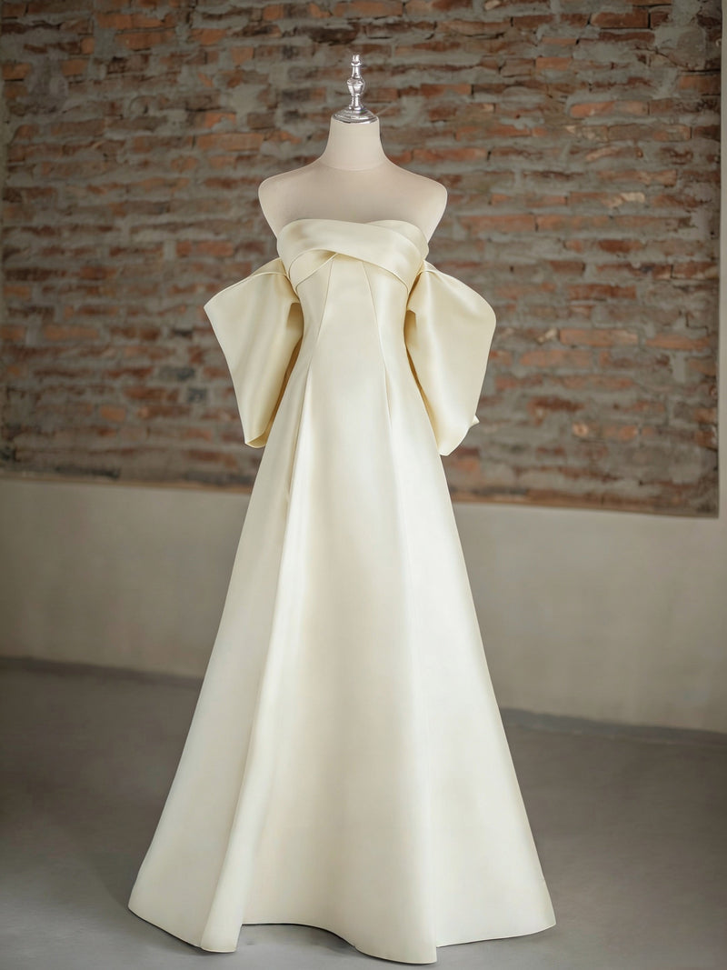 A-Line Sweetheart Sweep Train Satin Beige Prom Dress with Bowtie shopluu A-Line Sweetheart Sweep Train Satin Beige Prom Dress with Bowtie shopluu