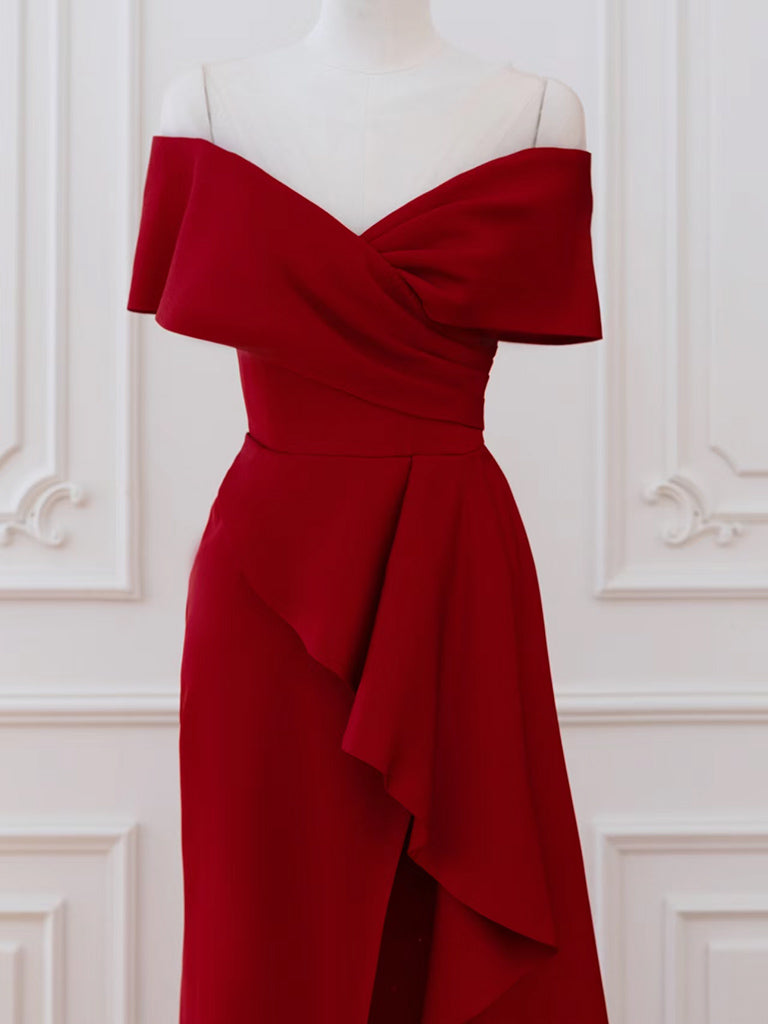 A-Line V Neck Off Shoulder Burgundy Long Prom Dress, Burgundy Long Formal Dress