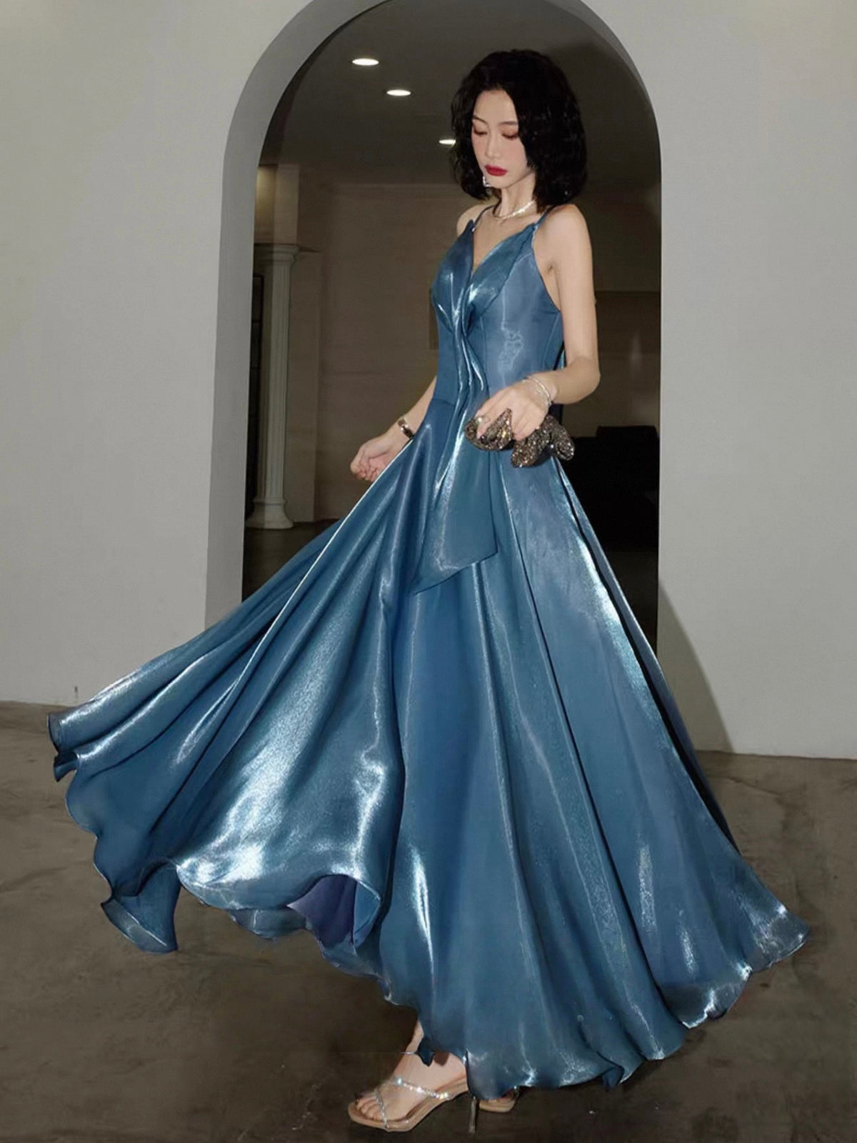 A-Line V Neck Floor Length Backless Blue Prom Dress