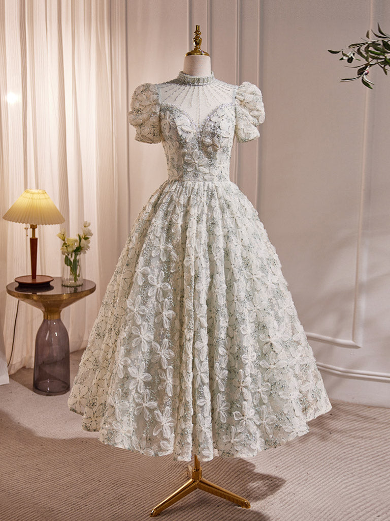 Beautiful Beading Pearl Sequins Green Prom Dresses, High Neckline Tea Length Sage Green Party Dress US 14 / Green Beautiful Beading Pearl Sequins Green Prom Dresses, High Neckline Tea Length Sage Green Party Dress US 14 / Green