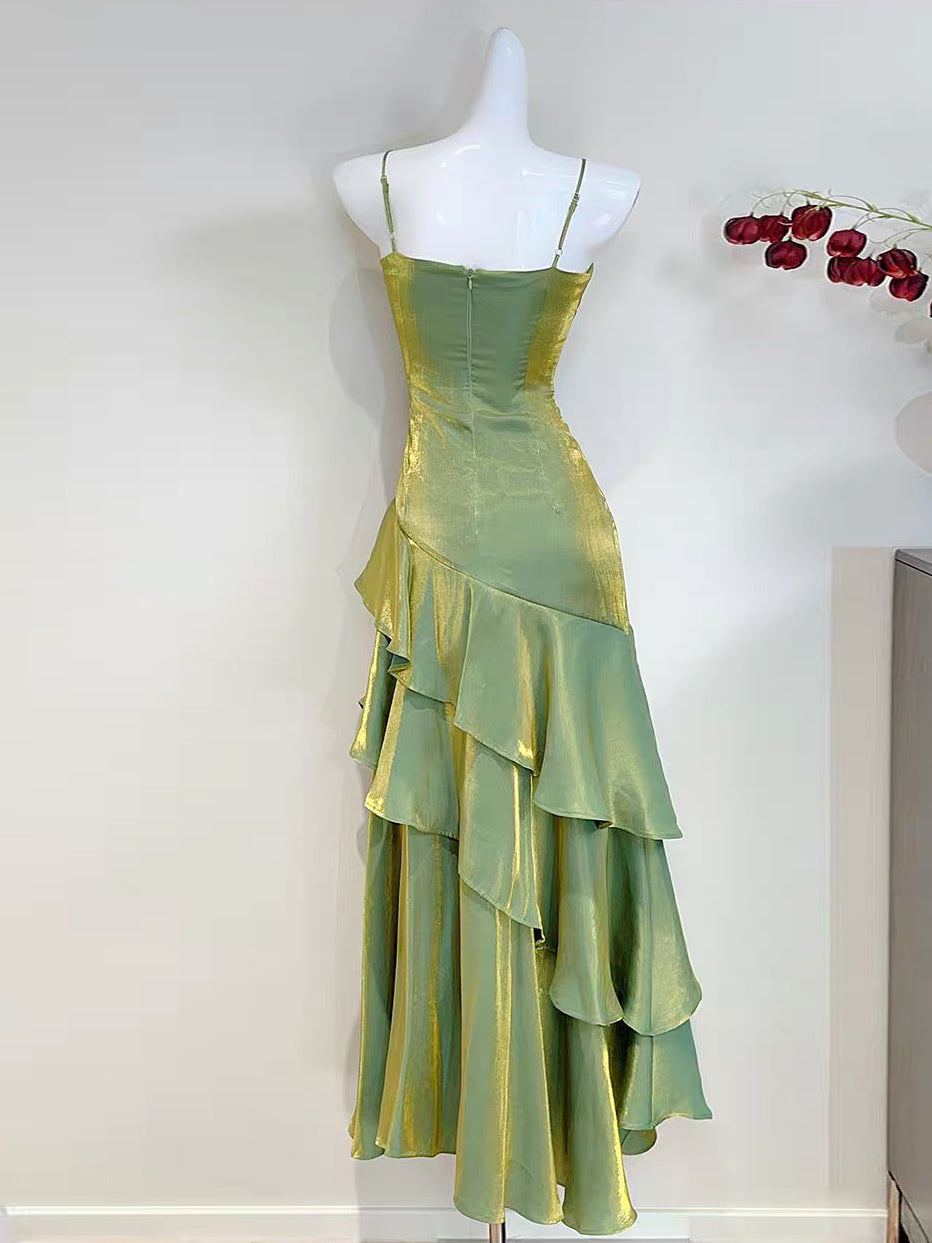 A-Line Satin Green Long Prom Dress, Green Long Evening Dress