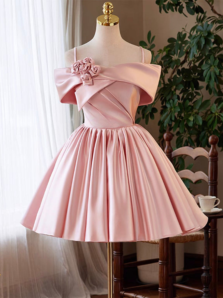 Pink Satin Short Prom Dress, Lovely A-Line Off the Shoulder Party Homecoming Dress US 8 / Pink Pink Satin Short Prom Dress, Lovely A-Line Off the Shoulder Party Homecoming Dress US 8 / Pink