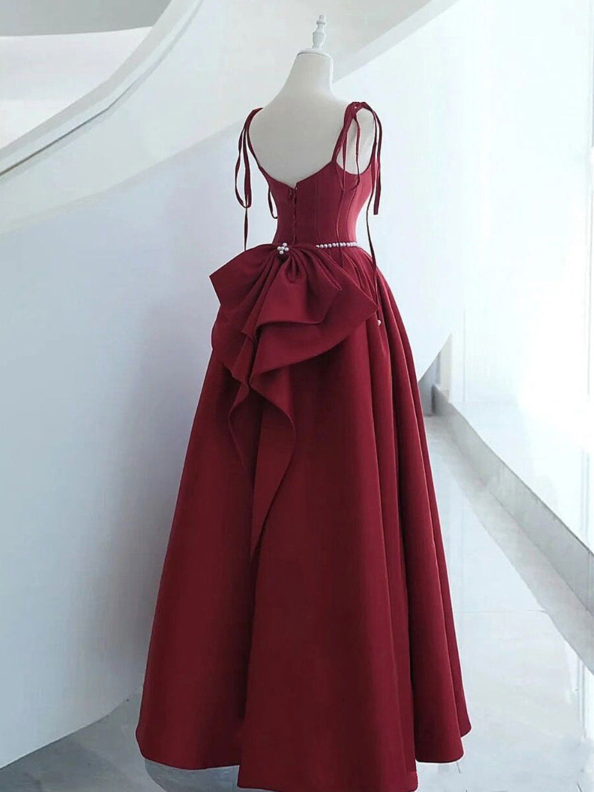 A-Line Floor Length Satin Burgundy Long Prom Dress with Beads