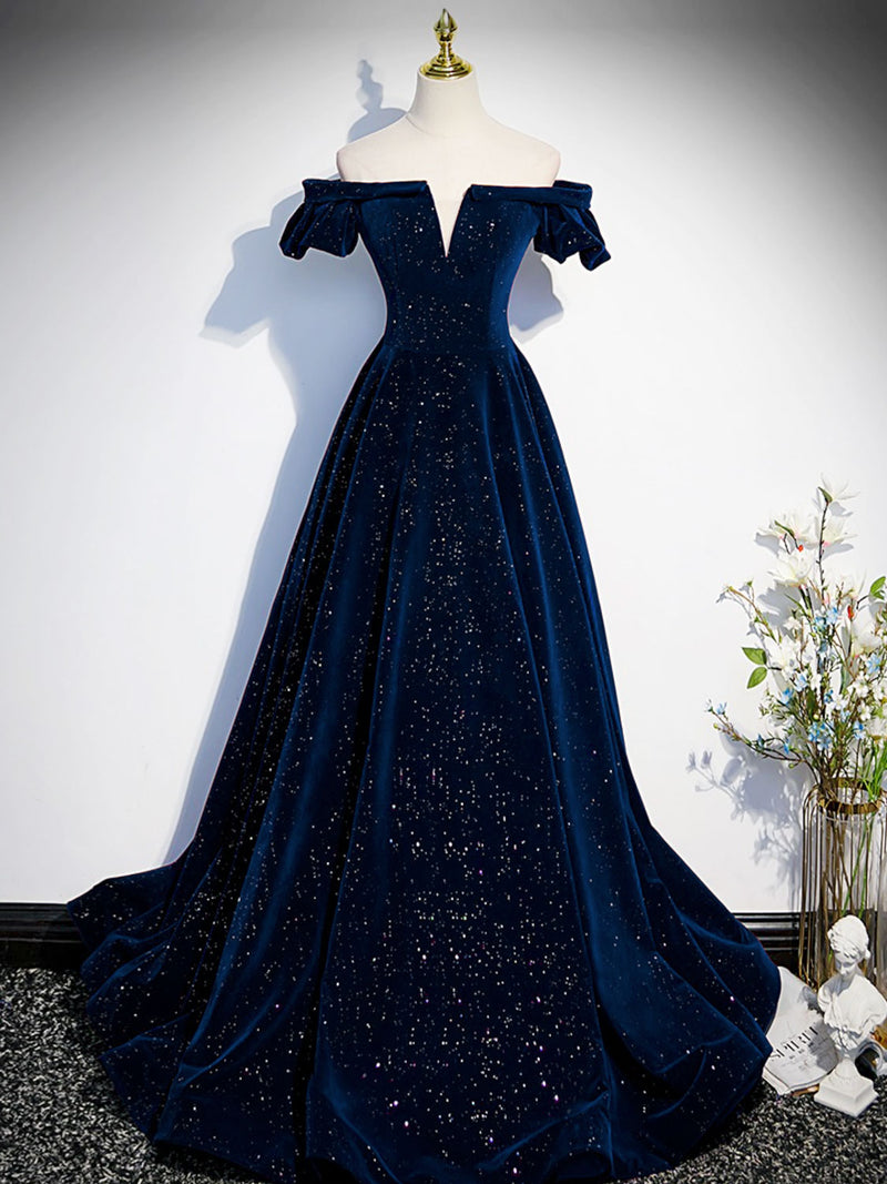 A-Line Off Shoulder Velvet Dark Blue Long Prom Dress, Dark Blue