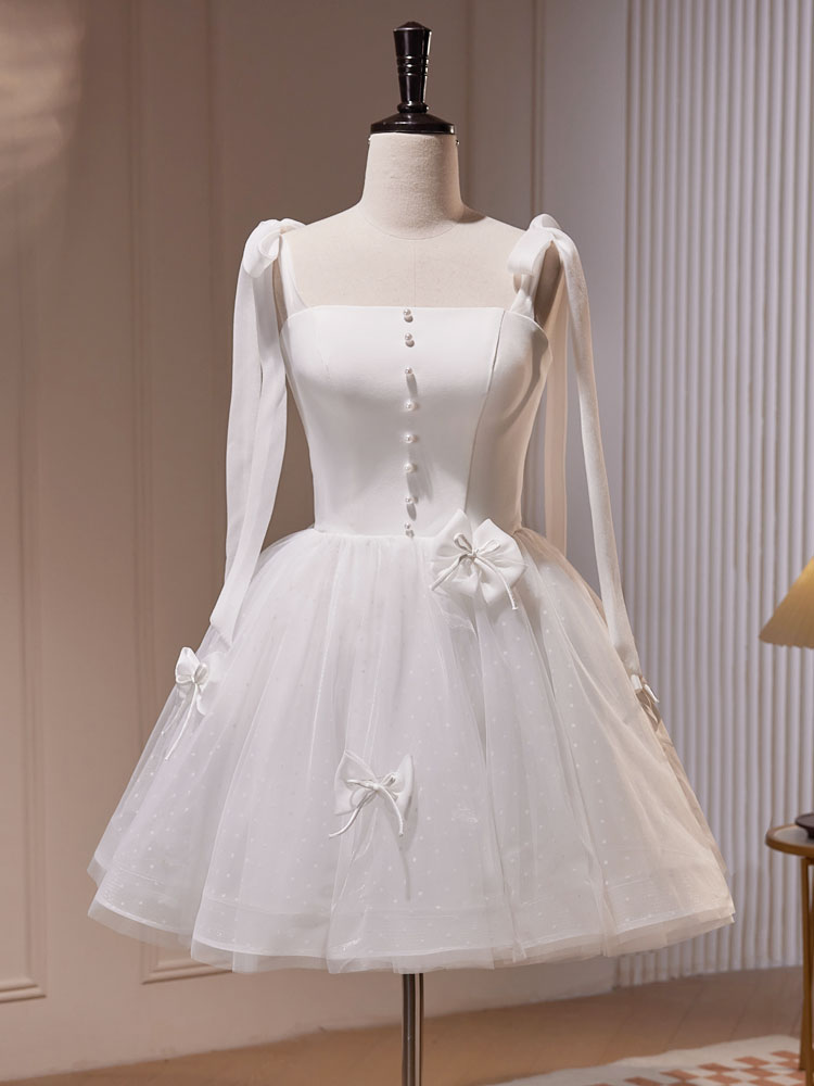White A-Line Tulle Short Prom Dress, Cute White Homecoming Dress – shopluu