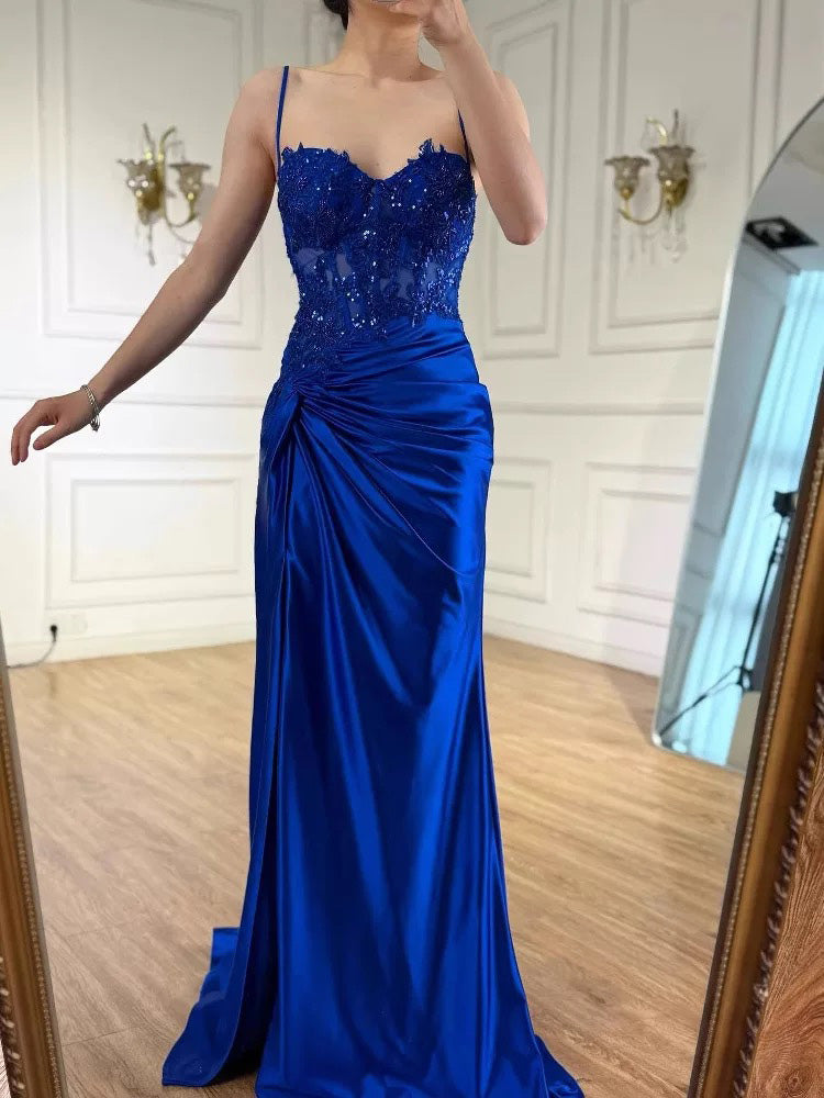 Mermaid Sweetheart Neck Satin Green Long Prom Dress with Lace Applique