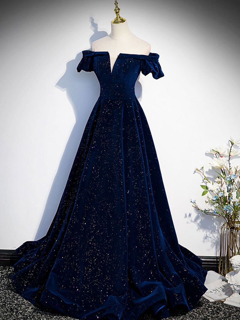 A-Line Off Shoulder Velvet Dark Blue Long Prom Dress, Dark Blue