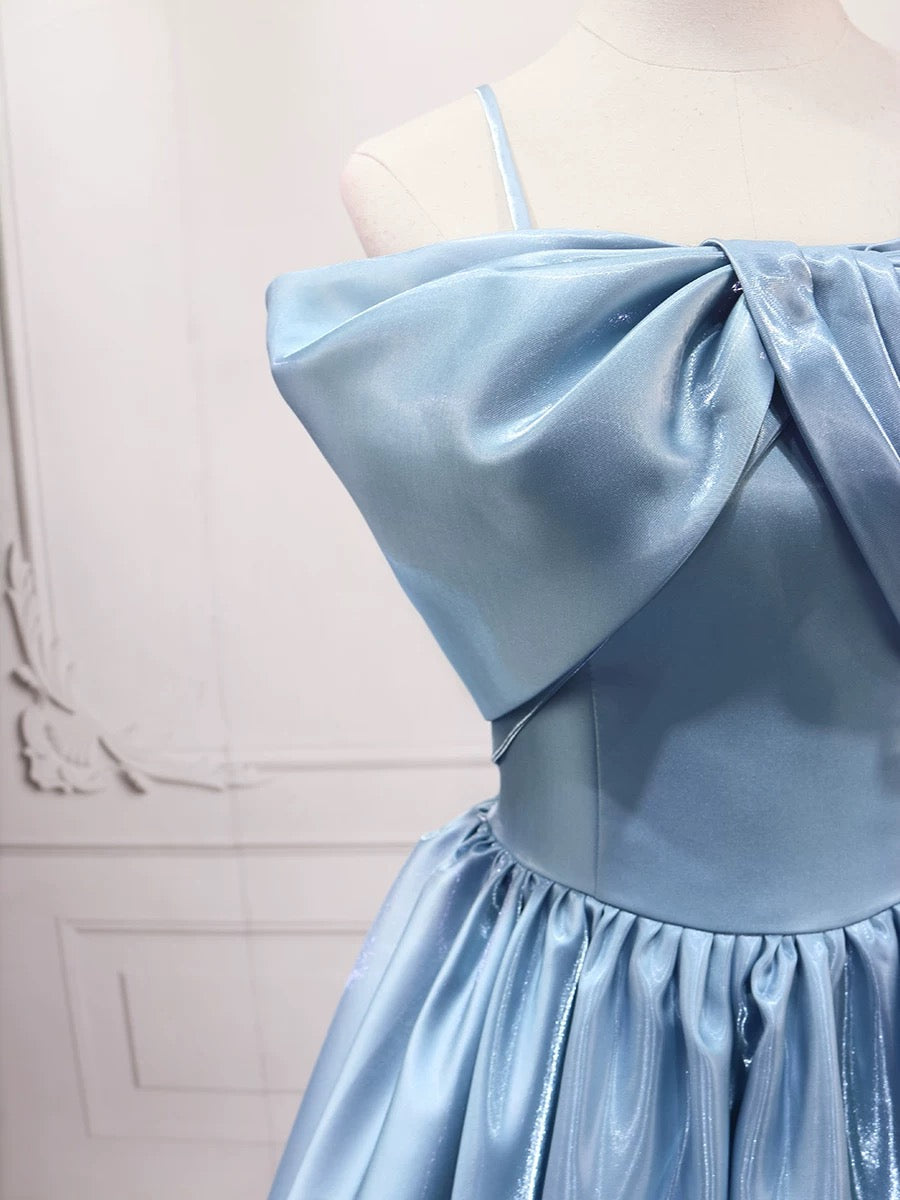 A-Line Satin Blue Long Prom Dress, Blue Long Formal Dress