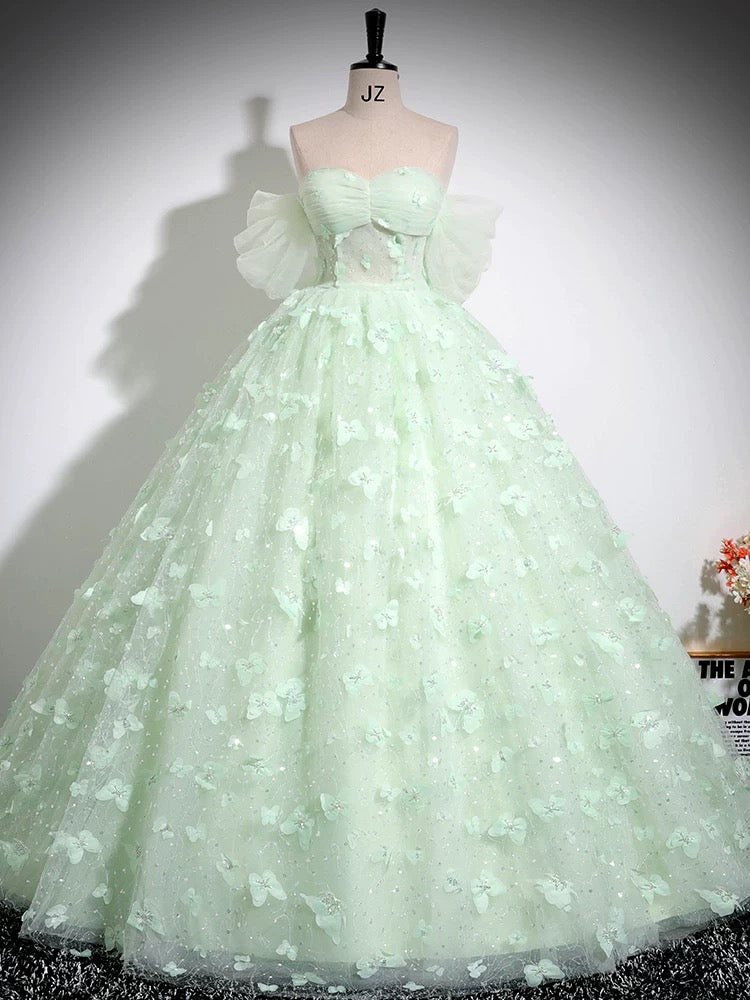 Green Sweetheart Neck Tulle Lace Long Prom Dress, Off Shoulder Green Sweet 16 Dress