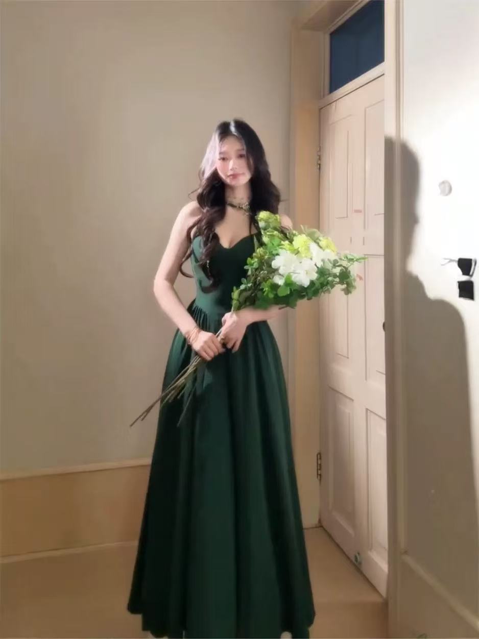 Simple A-line V Neck Floor Length Green Prom Dress, Green Party Dress