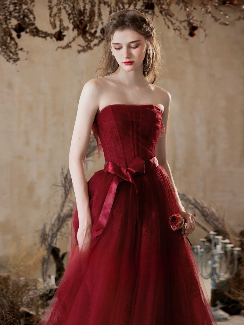 Graduation Dresses Nice Maroon Dresses Burgundy Tulle Lace Long Prom Dress, A-Line Strapless Evening Party Dress US Burgundy Graduation Dresses Nice Maroon Dresses Burgundy Tulle Lace Long Prom Dress, A-Line Strapless Evening Party Dress US Burgundy