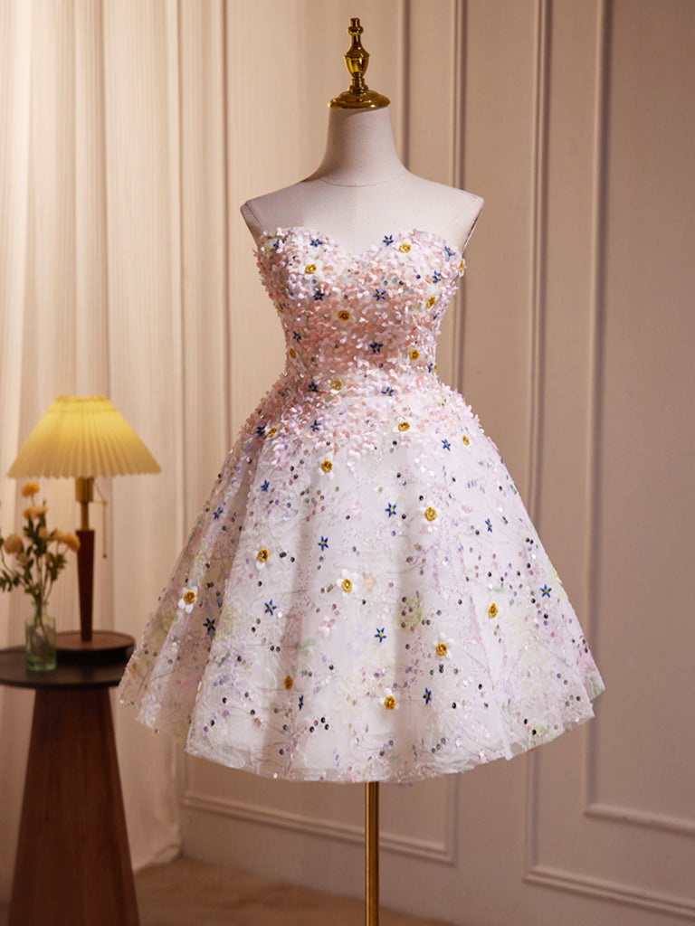 A-Line Sweetheart Neck Tulle Flower Light Pink Short Prom Dress, Light Pink Cocktail Dress US 16 / Light Pink A-Line Sweetheart Neck Tulle Flower Light Pink Short Prom Dress, Light Pink Cocktail Dress US 16 / Light Pink