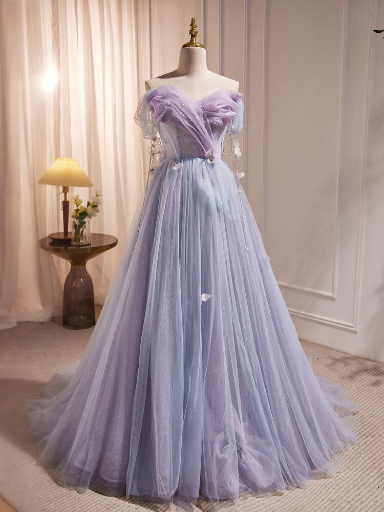 A-Line Sweetheart Neck Tulle Purple Long Prom Dress, Purple Formal