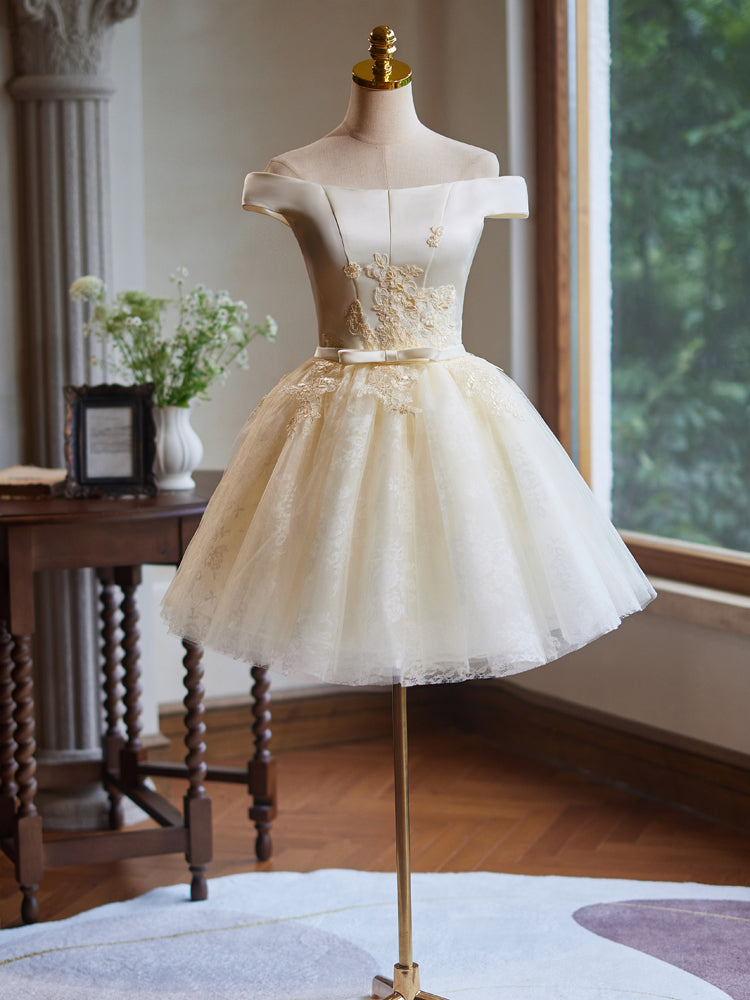 A-Line Off Shoulder Tulle Lace Short Champagne Prom Dress, Champagne H – shopluu