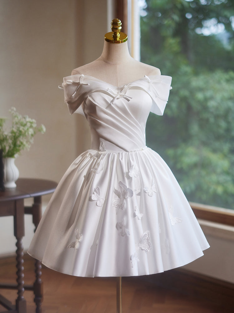 butterfly prom dress Off Shoulder A-Line Satin White Short Prom Dress with Butterfly Applique US 6 / Custom Color