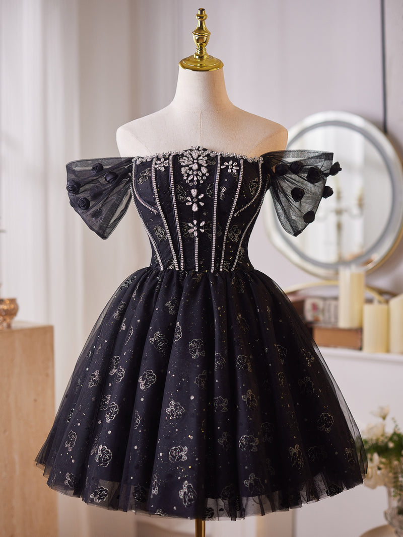 black hoco dress off the shoulder A-Line Off Shoulder Tulle Beads Black Prom Dress, Black Homecoming Dre – shopluu