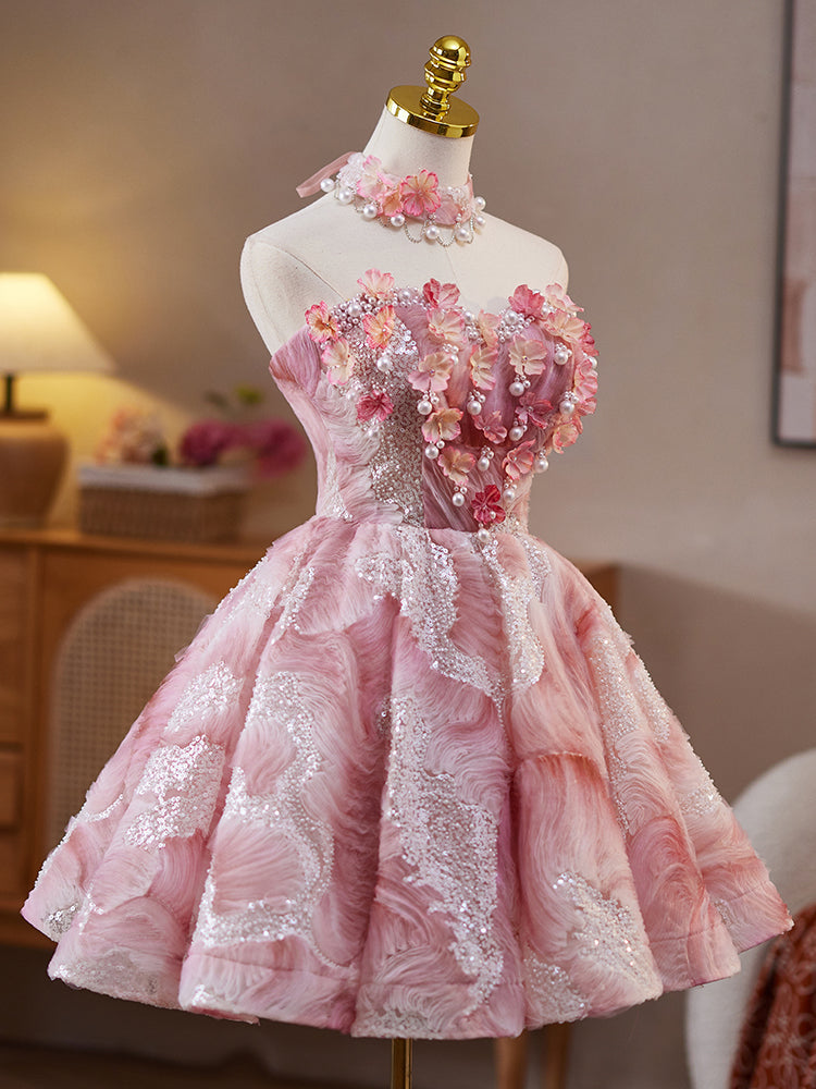 Pink Beads Pearl Sequins Short Party Dress, A-Line Strapless Evening Party Dress US 4 / Pink Pink Beads Pearl Sequins Short Party Dress, A-Line Strapless Evening Party Dress US 4 / Pink