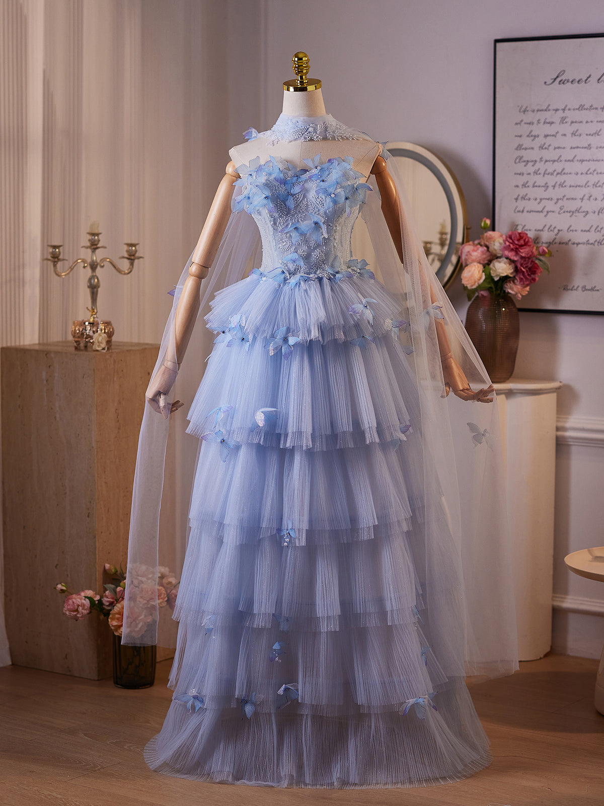 A-Line Tulle Flower Blue Long Prom Dress, Blue Long Evening Dress