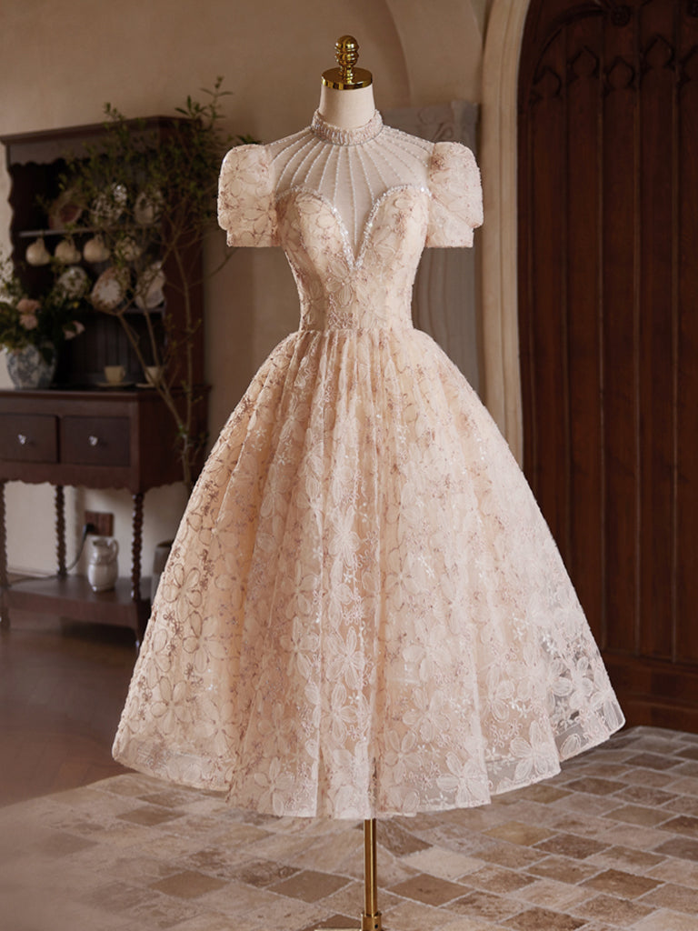 Champagne Pink Tulle Lace Tea Length Prom Dress with Beads Custom Size / Champagne Pink Champagne Pink Tulle Lace Tea Length Prom Dress with Beads Custom Size / Champagne Pink