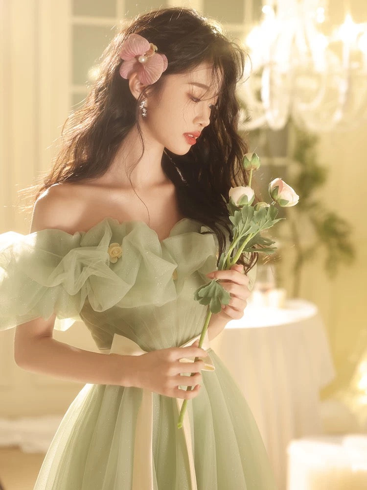 Green Tulle Floor Length Prom Dress, Beautiful Off the Shoulder Evening Party Dress US 4 / Light Green Green Tulle Floor Length Prom Dress, Beautiful Off the Shoulder Evening Party Dress US 4 / Light Green