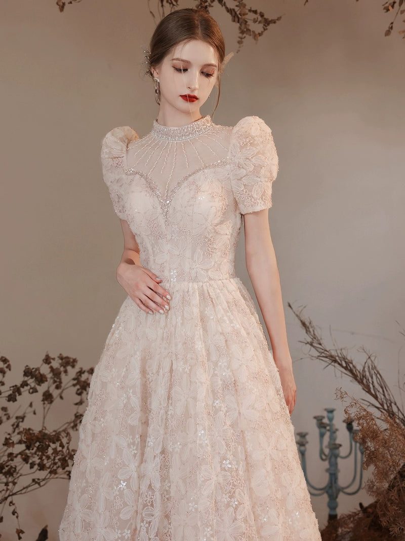A-Line High Neck Lace Champagne Long Prom Dress with Beads shopluu A-Line High Neck Lace Champagne Long Prom Dress with Beads shopluu