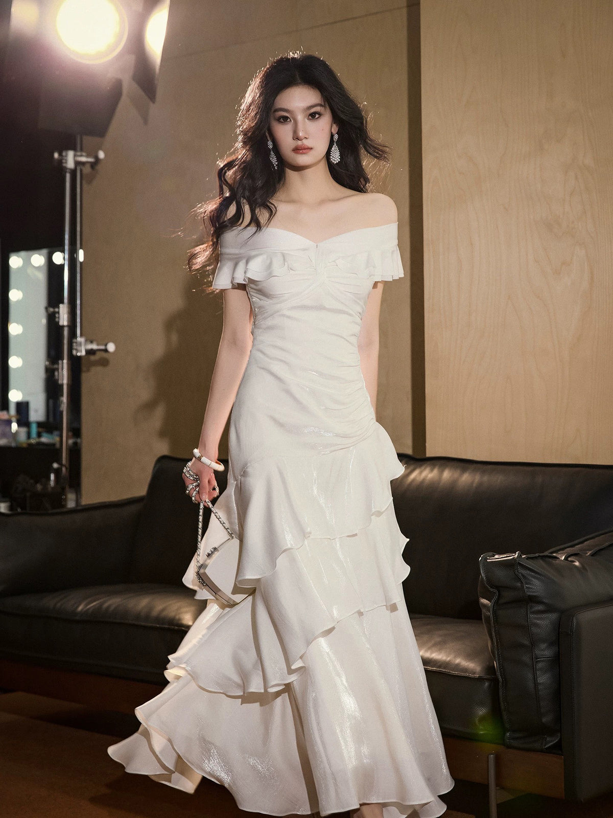 Mermaid Off Shoulder Silk Floor Length White Prom Dress