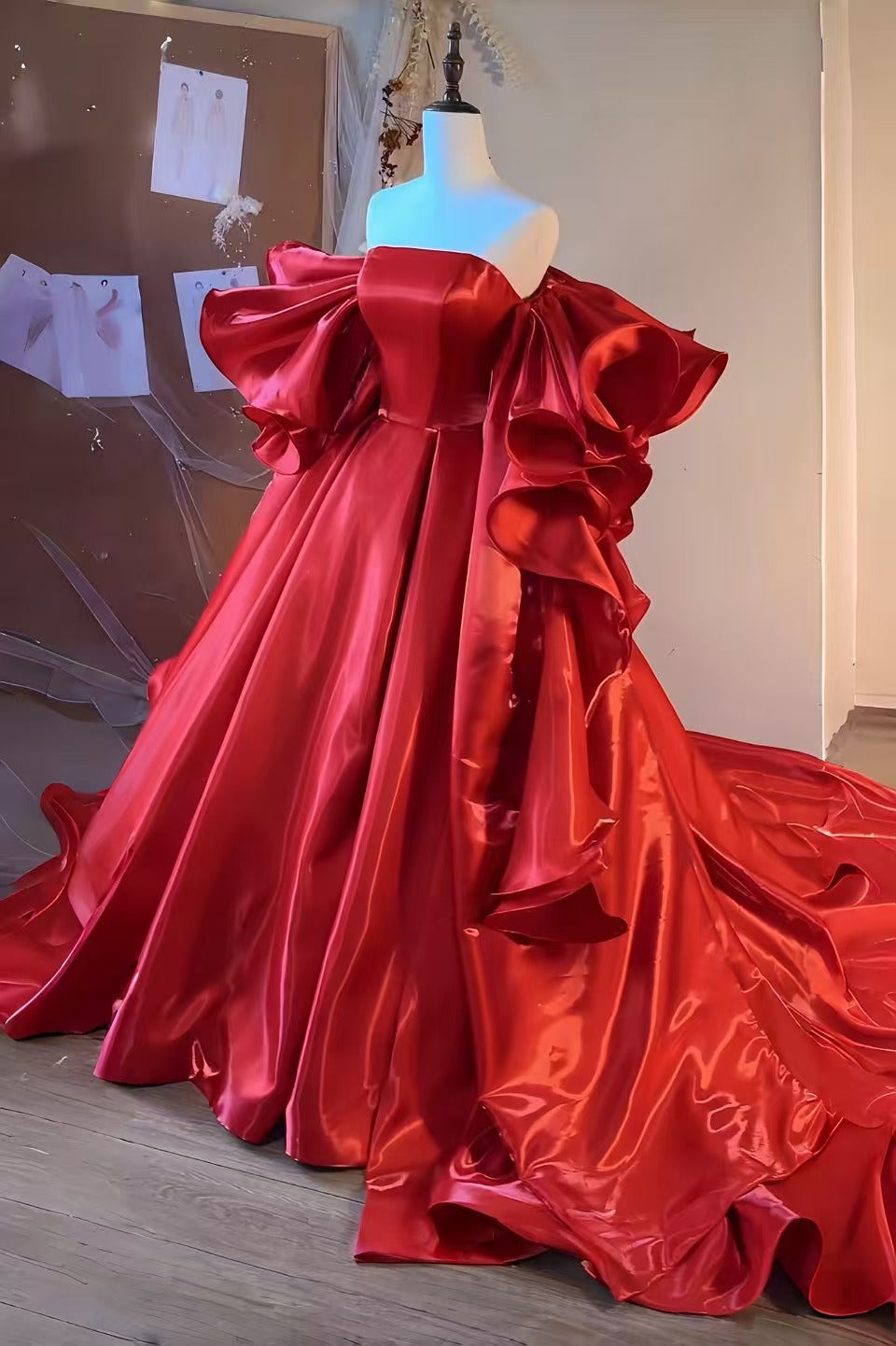 A-line Red Satin Sweep Train Long Prom Dress, Red Long Formal Dress