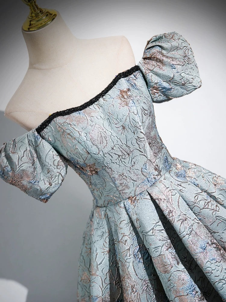 A-Line Puff Sleeves Satin Gray Blue Long Prom Dress, Gray Blue Long Ev shopluu A-Line Puff Sleeves Satin Gray Blue Long Prom Dress, Gray Blue Long Ev shopluu