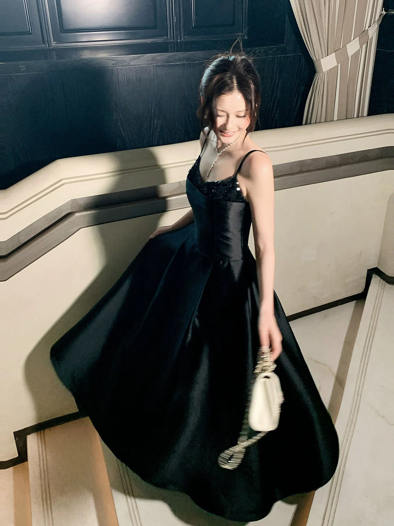 a line v neck satin prom dress A-Line Floor Length Black Material:Leather