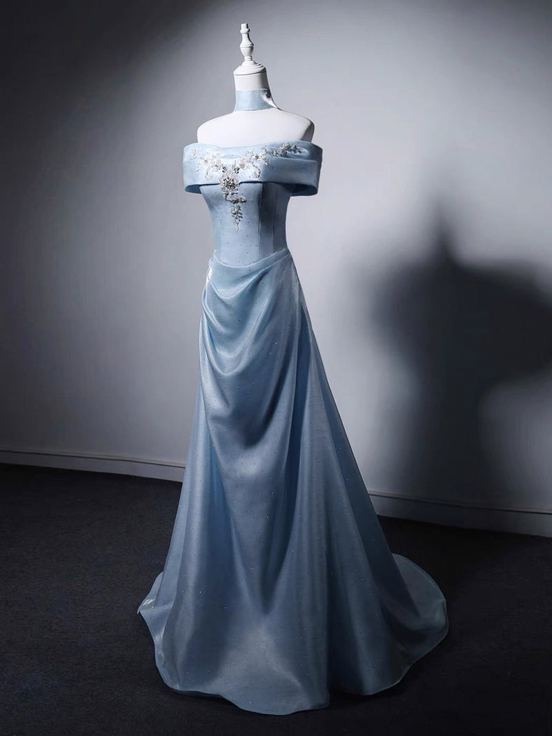 vintage off the shoulder prom dress Light Blue Off-the-Shoulder Evening Gown with Floral Embroidery US 16 / Blue