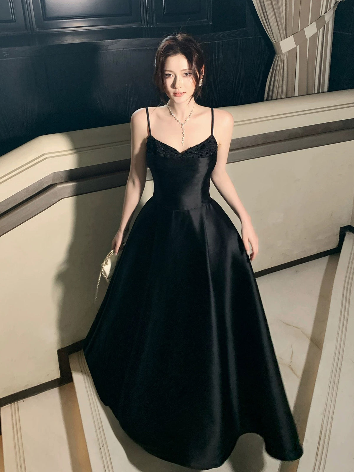 A-Line V Neck Satin Floor Length Black Prom Dress